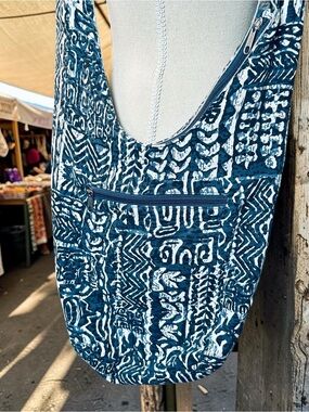Blue Tribal Print Cotton Canvas Crossbody Sling Bucket Tote Bag